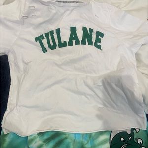 Tulane cropped white tee with tie dye sweats